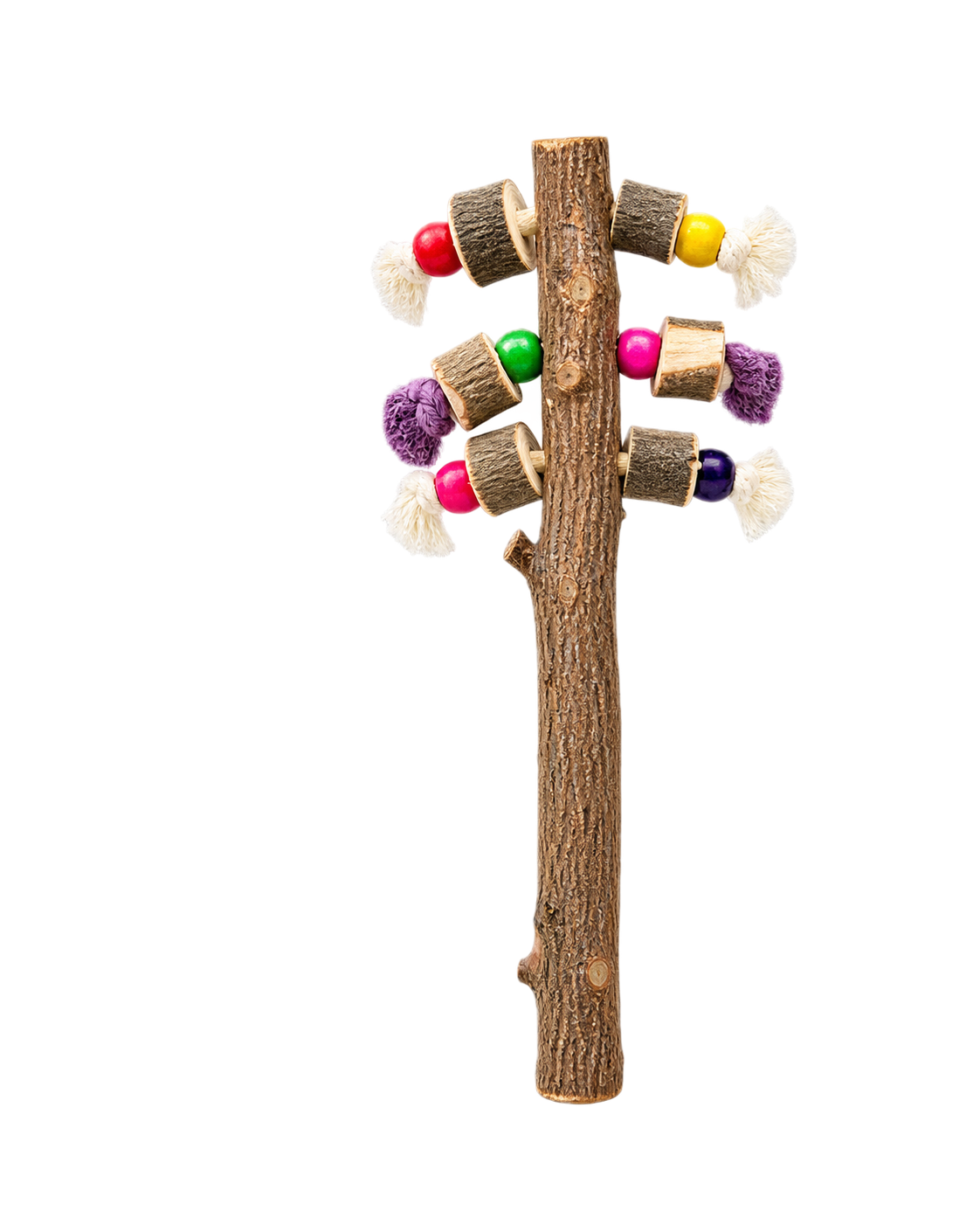 Natural Wood Bird Activity Perch with Colorful Chew Toys